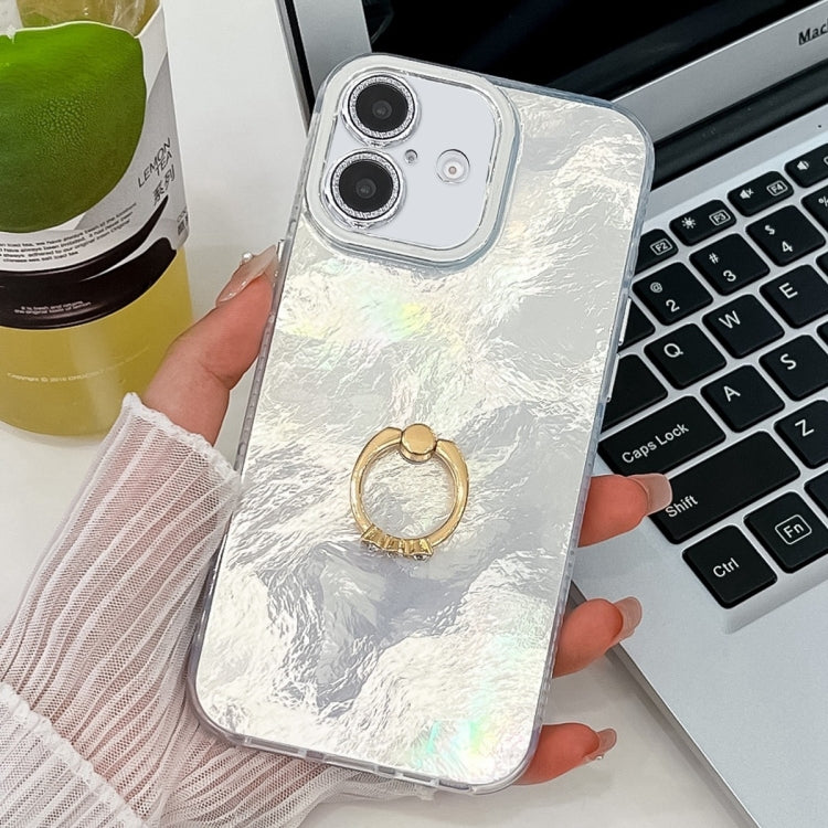 For iPhone 16 Plating Glitter Texture Ring Holder TPU Phone Case with Lens Film(White Tinfoil Texture) - iPhone 16 Cases by buy2fix | Online Shopping UK | buy2fix