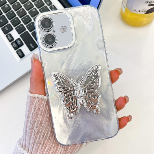 For iPhone 16 Plus Plating Glitter Texture Butterfly Holder TPU Phone Case with Lens Film(White Feather Yarn) - iPhone 16 Plus Cases by buy2fix | Online Shopping UK | buy2fix