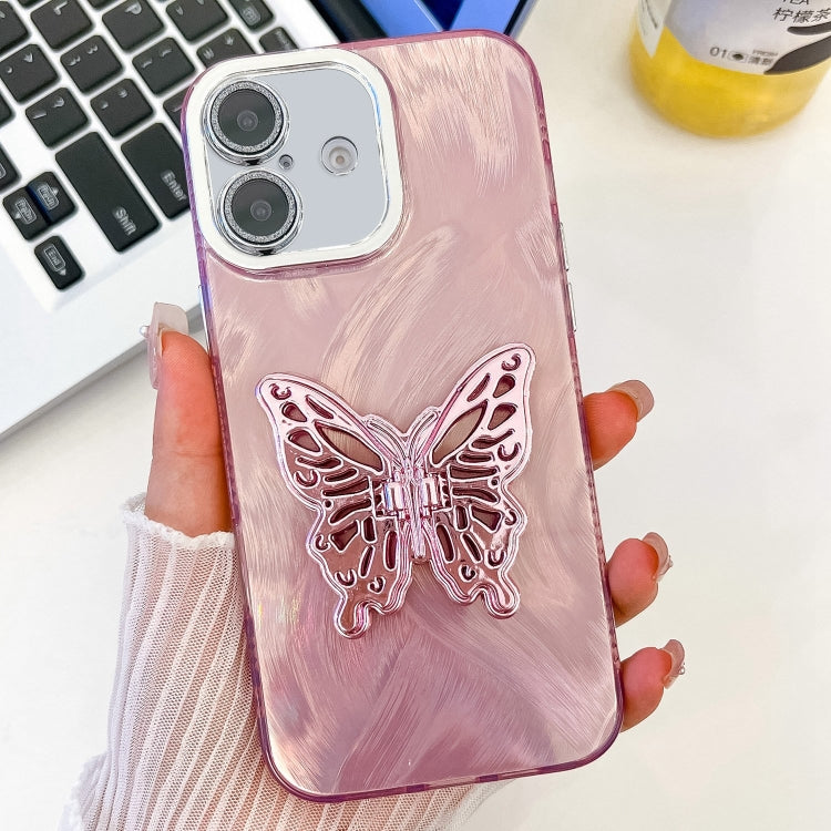 For iPhone 16 Plus Plating Glitter Texture Butterfly Holder TPU Phone Case with Lens Film(Pink Feather Yarn) - iPhone 16 Plus Cases by buy2fix | Online Shopping UK | buy2fix