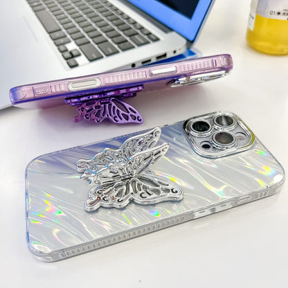 For iPhone 16 Pro Max Plating Glitter Texture Butterfly Holder TPU Phone Case with Lens Film(Purple Feather Yarn) - iPhone 16 Pro Max Cases by buy2fix | Online Shopping UK | buy2fix