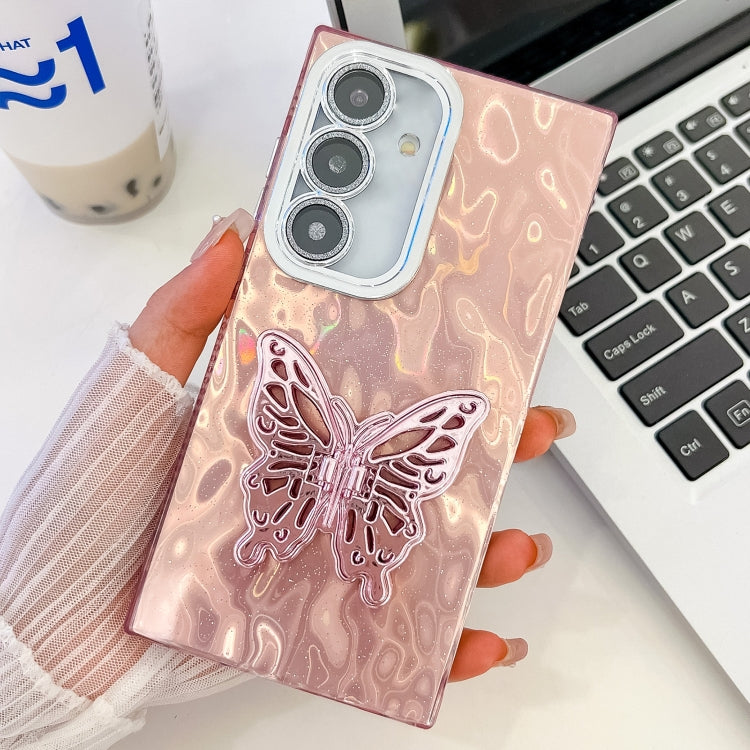 For Samsung Galaxy S25+ 5G Plating Glitter Texture Butterfly Holder TPU Phone Case with Lens Film(Pink Wrinkles) - Galaxy S25+ 5G Cases by buy2fix | Online Shopping UK | buy2fix