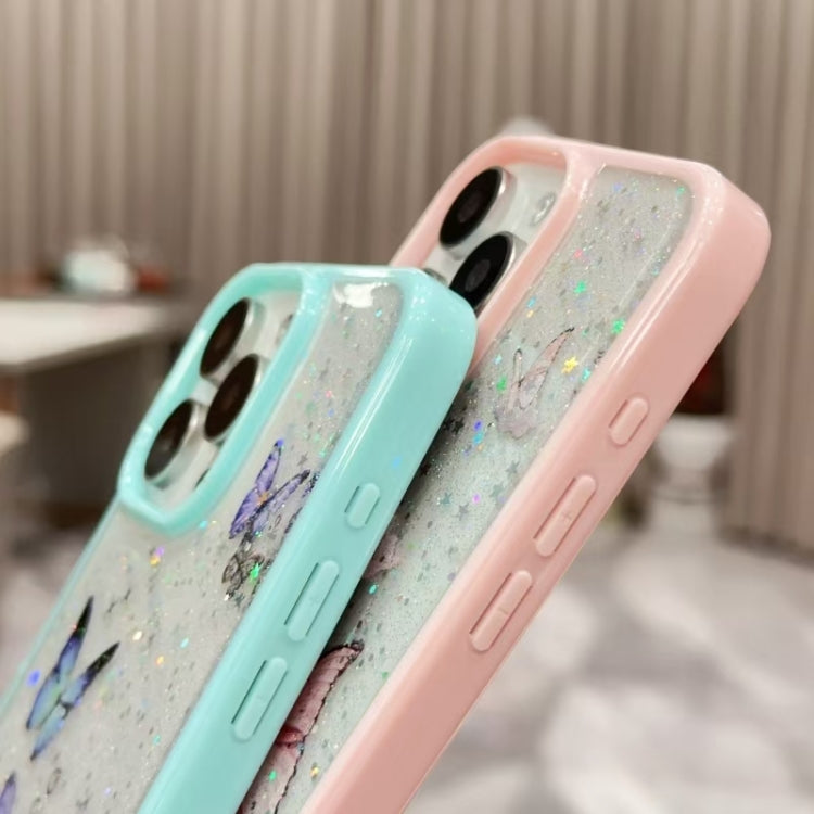 For iPhone 16 Color Butterfly Glitter Epoxy TPU Phone Case(Green) - iPhone 16 Cases by buy2fix | Online Shopping UK | buy2fix