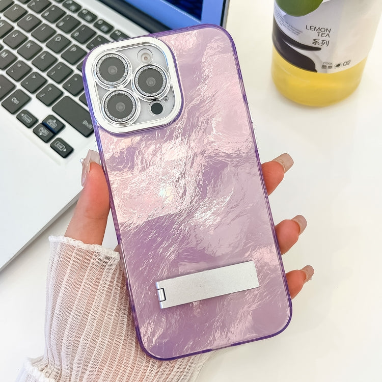 For iPhone 16 Pro Max Plating Glitter Texture Fold Holder TPU Phone Case with Lens Film(Purple Tinfoil Texture) - iPhone 16 Pro Max Cases by buy2fix | Online Shopping UK | buy2fix