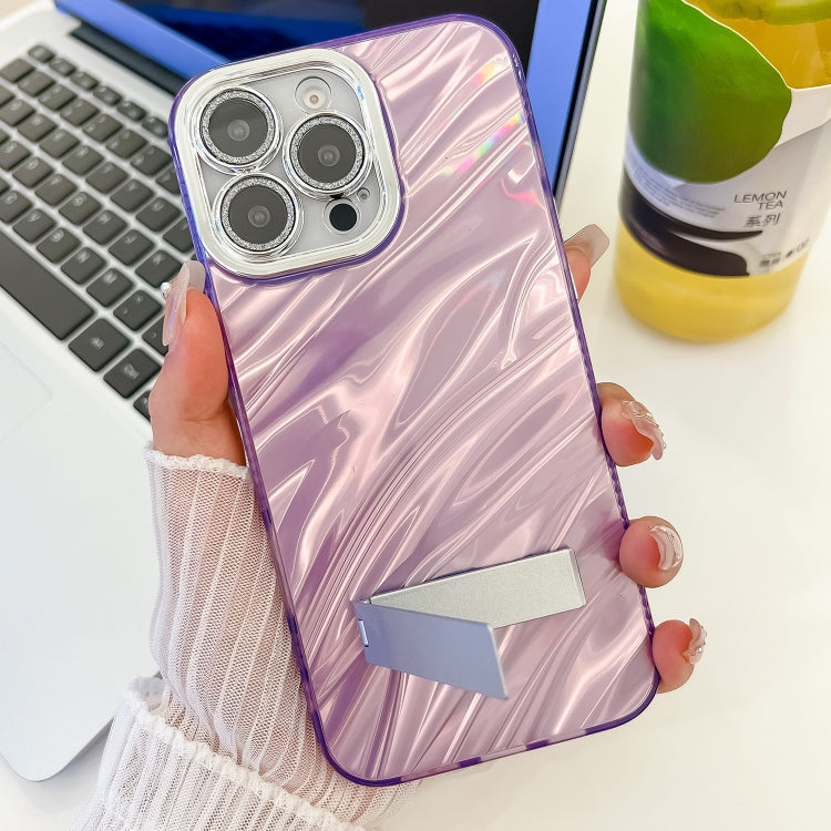 For iPhone 16 Pro Plating Glitter Texture Fold Holder TPU Phone Case with Lens Film(White Water Ripples) - iPhone 16 Pro Cases by buy2fix | Online Shopping UK | buy2fix