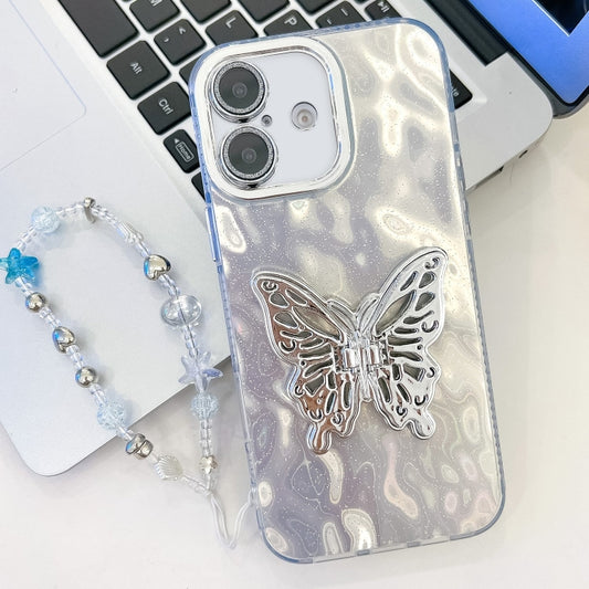 For iPhone 16 Plus Plating Glitter Lens Film Texture Butterfly Holder Wristband Phone Case(White Wrinkles) - iPhone 16 Plus Cases by buy2fix | Online Shopping UK | buy2fix