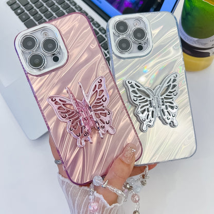 For iPhone 16 Pro Max Plating Glitter Lens Film Texture Butterfly Holder Wristband Phone Case(White Wrinkles) - iPhone 16 Pro Max Cases by buy2fix | Online Shopping UK | buy2fix