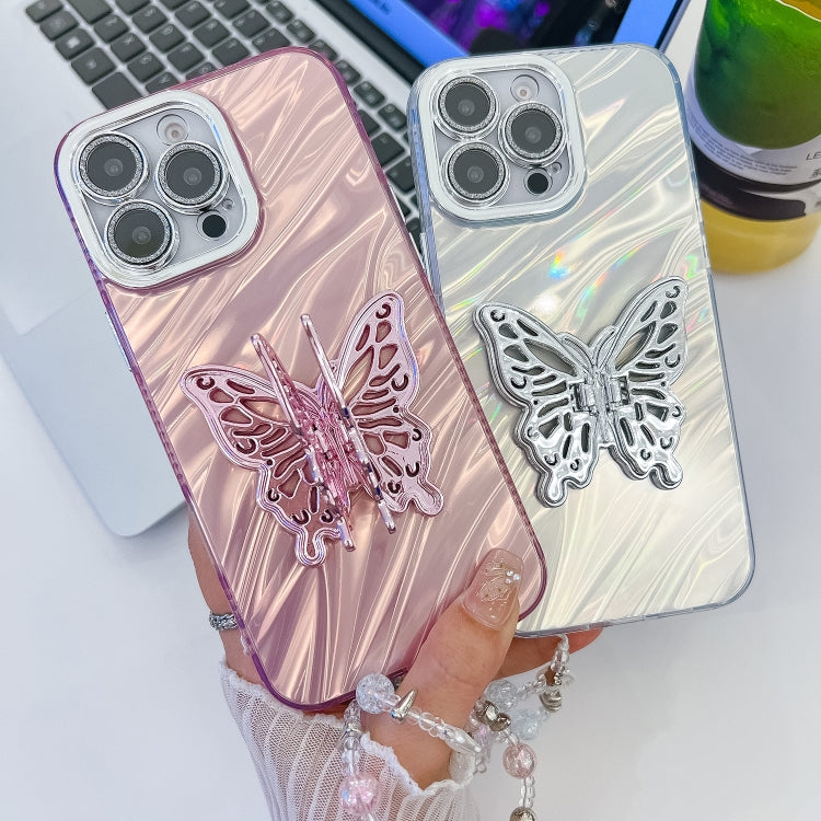 For iPhone 16 Plus Plating Glitter Lens Film Texture Butterfly Holder Wristband Phone Case(Purple Wrinkles) - iPhone 16 Plus Cases by buy2fix | Online Shopping UK | buy2fix