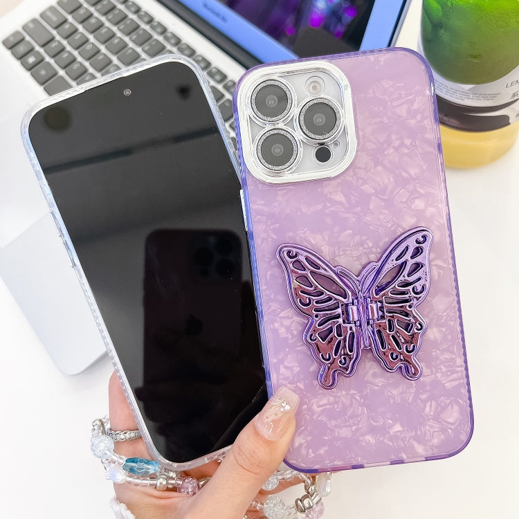 For iPhone 16 Plating Glitter Lens Film Texture Butterfly Holder Wristband Phone Case(Pink Water Ripples) - iPhone 16 Cases by buy2fix | Online Shopping UK | buy2fix