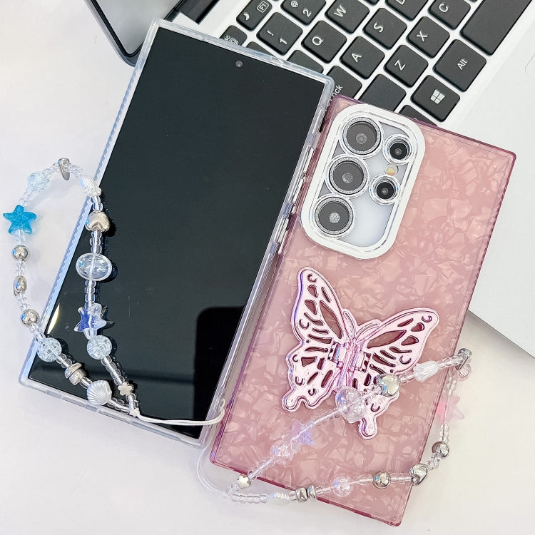 For Samsung Galaxy S25 Ultra 5G Plating Glitter Lens Film Texture Butterfly Holder Wristband Phone Case(White Water Ripples) - Galaxy S25 Ultra 5G Cases by buy2fix | Online Shopping UK | buy2fix