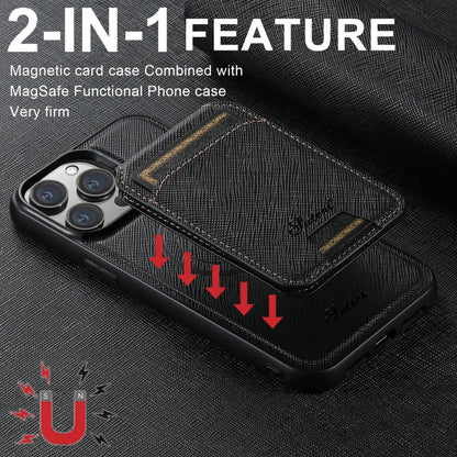 For iPhone 16 Plus Suteni H18 Cross Grain MagSafe Wallet Leather Phone Case(Black) - iPhone 16 Plus Cases by Suteni | Online Shopping UK | buy2fix