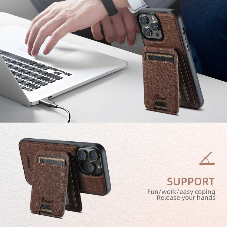 For iPhone 16 Plus Suteni H18 Cross Grain MagSafe Wallet Leather Phone Case(Brown) - iPhone 16 Plus Cases by Suteni | Online Shopping UK | buy2fix