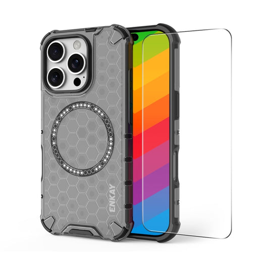 For iPhone 16 Pro Max ENKAY Hat-Prince Honeycomb MagSafe Shockproof Phone Case with Large Arc Edge Film(Grey) - iPhone 16 Pro Max Cases by ENKAY | Online Shopping UK | buy2fix