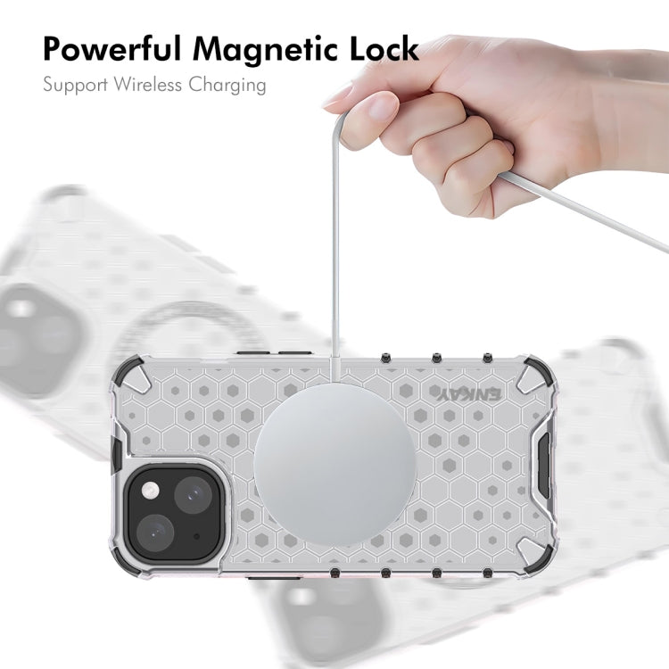 For iPhone 15 ENKAY Hat-Prince Honeycomb MagSafe Shockproof Phone Case with Large Arc Edge Film(White) - iPhone 15 Cases by ENKAY | Online Shopping UK | buy2fix