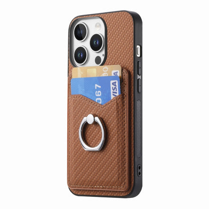 For iPhone 16 Pro Carbon Fiber Card Wallet Ring Phone Case(Brown) - iPhone 16 Pro Cases by buy2fix | Online Shopping UK | buy2fix