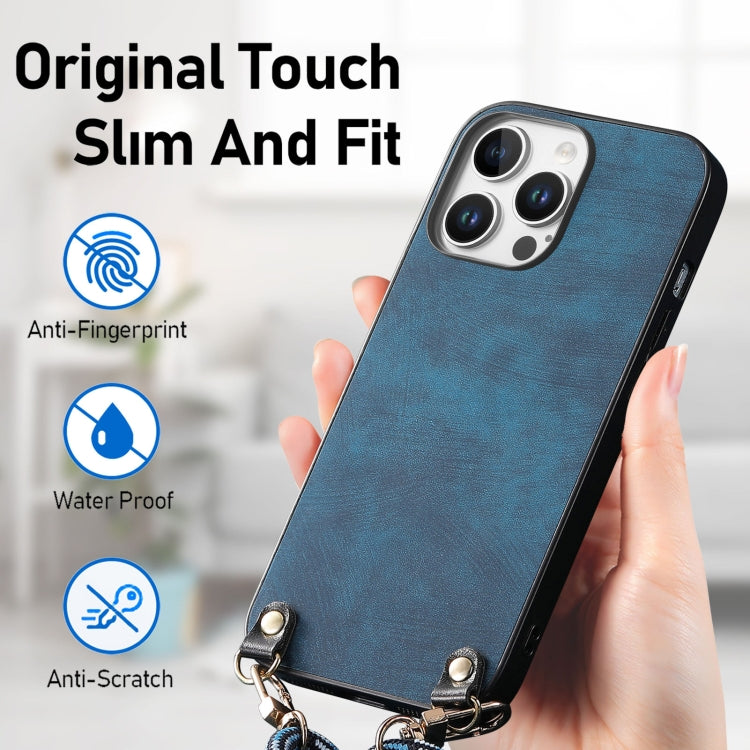 For iPhone 16 Pro Vintage Leather PC Back Cover Phone Case with Crossbody Strap(Blue) - iPhone 16 Pro Cases by buy2fix | Online Shopping UK | buy2fix