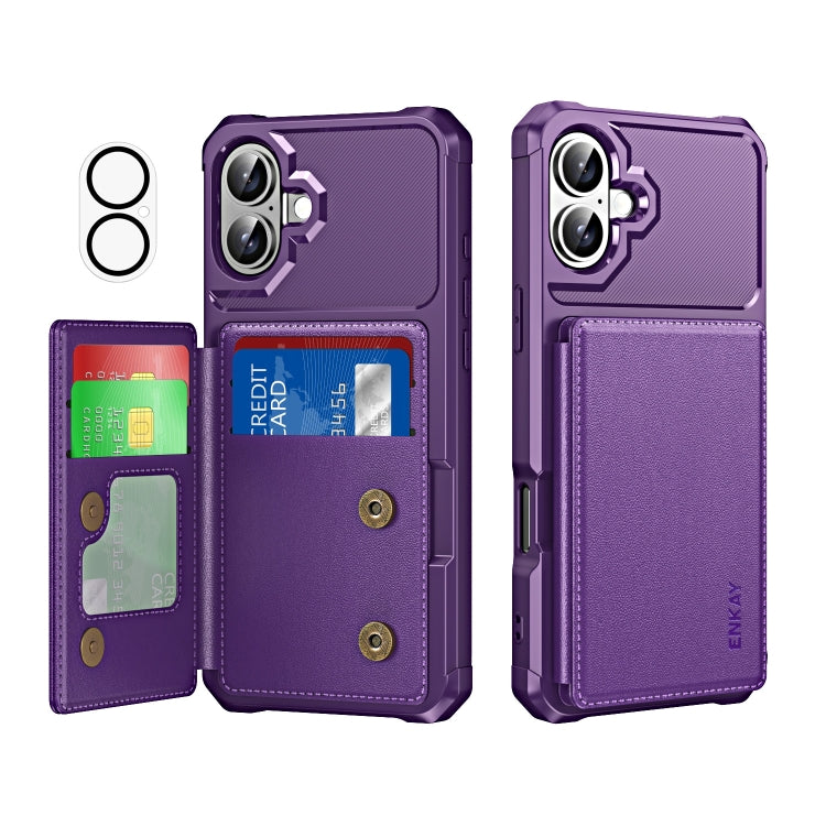 For iPhone 16 ENKAY Hat-Prince Card Slot Wallet TPU Back Leather Phone Case with Lens Film(Purple) - iPhone 16 Cases by ENKAY | Online Shopping UK | buy2fix