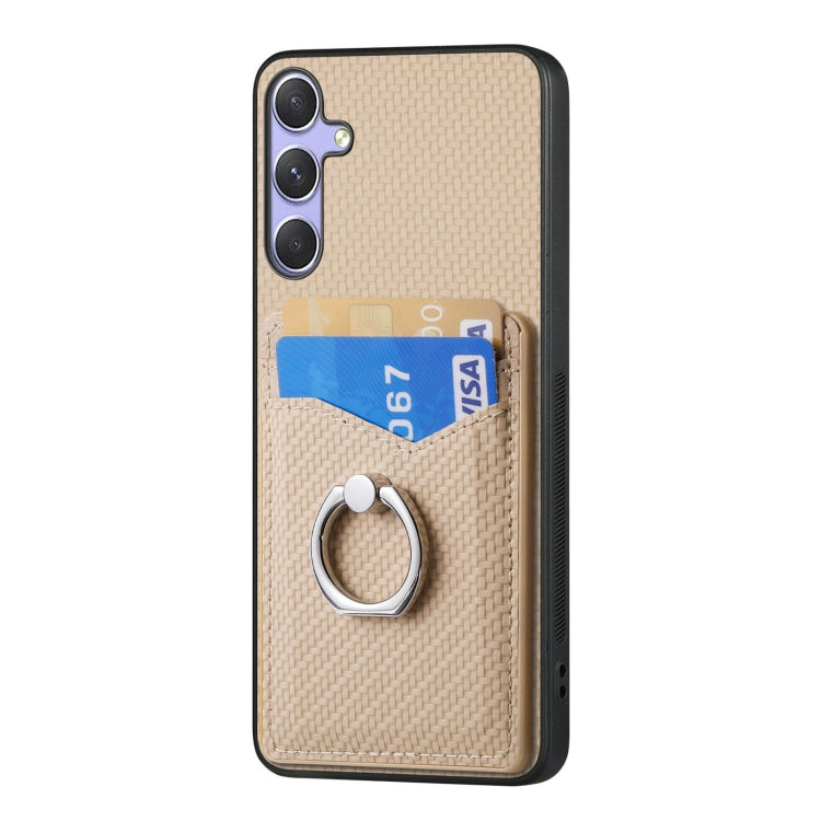 For Samsung Galaxy S25+ 5G Carbon Fiber Card Wallet Ring Phone Case(Khaki) - Galaxy S25+ 5G Cases by buy2fix | Online Shopping UK | buy2fix