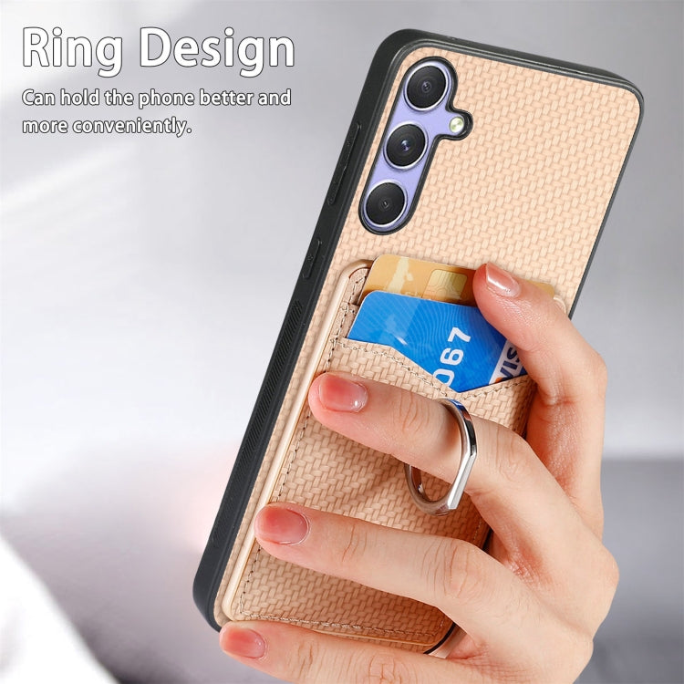 For Samsung Galaxy S25 5G Carbon Fiber Card Wallet Ring Phone Case(Khaki) - Galaxy S25 5G Cases by buy2fix | Online Shopping UK | buy2fix