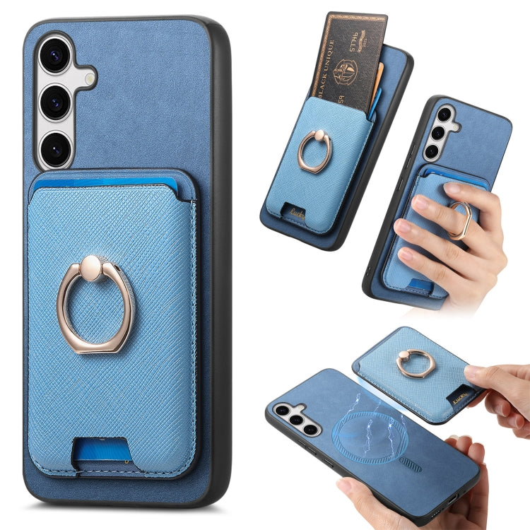 For Samsung Galaxy S25+ 5G Retro Cross Leather Ring Vertical Insert Card Bag MagSafe Phone Case(Blue) - Galaxy S25+ 5G Cases by buy2fix | Online Shopping UK | buy2fix