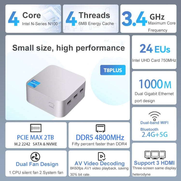 T8Plus Alder Lake-N100 4K Dual Band WIFI Bluetooth Office Game Portable Mini PC, Spec: 8G 128G UK Plug - Windows Mini PCs by buy2fix | Online Shopping UK | buy2fix