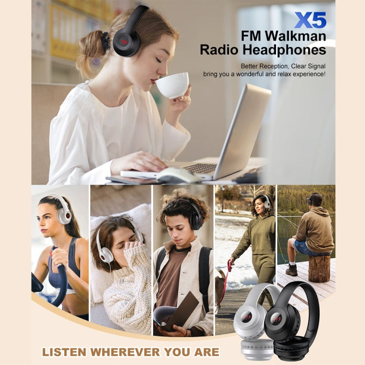 X5 Portable Digital Display Folding Headset FM Radio Headphones, Color: Bluetooth White - Radio Player by buy2fix | Online Shopping UK | buy2fix