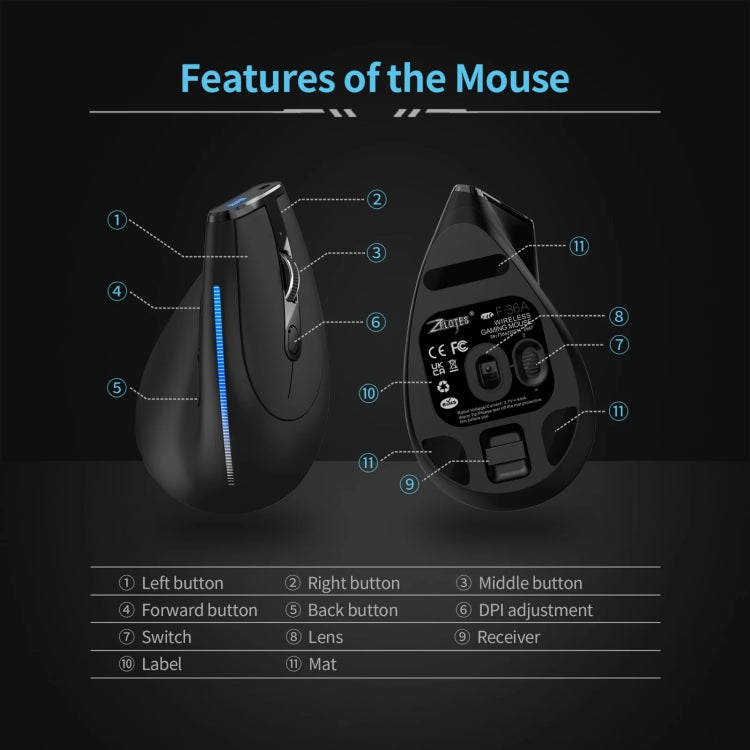 ZELOTES F36A 6-Buttons Vertical Grip Ergonomic Rechargeable Wireless Mouse(Black) - Wireless Mice by ZELOTES | Online Shopping UK | buy2fix