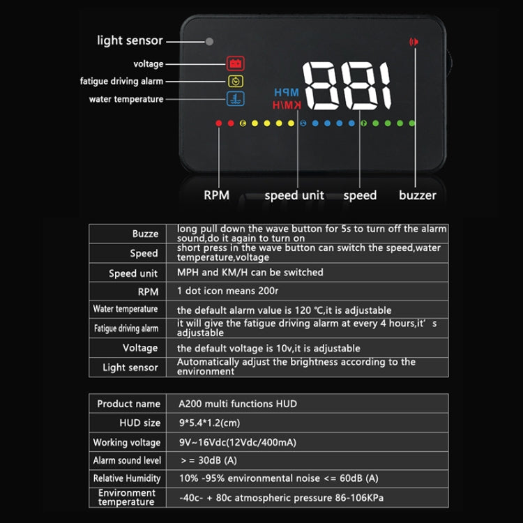 A200 OBD2 3.5 inch Vehicle-mounted Head Up Display Security System, Support Car Speed / Engine Revolving Speed Display / Water Temperature / Voltage - Head Up Display System by buy2fix | Online Shopping UK | buy2fix