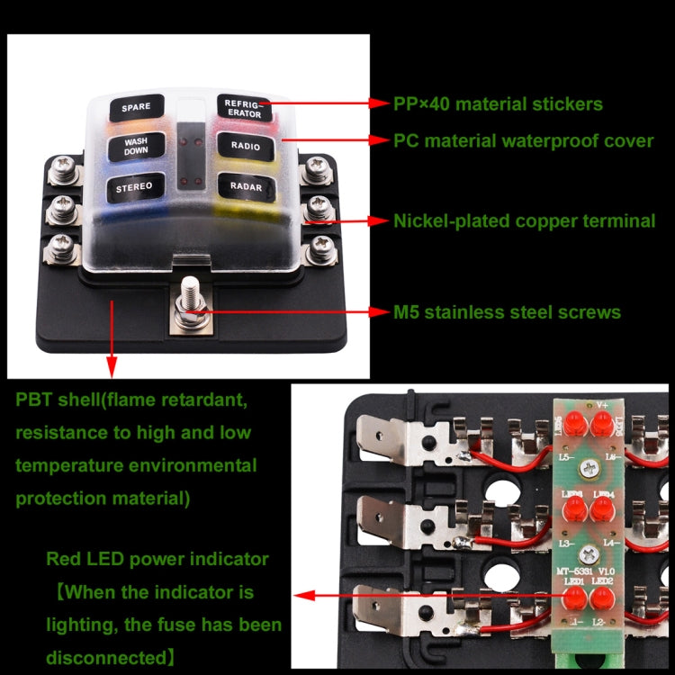 1 in 6 Out 6 Way Circuit Fuse Box Screw Terminal Section Fuse Holder Kits with LED Warning Indicator for Auto Car Truck Boat - In Car by buy2fix | Online Shopping UK | buy2fix