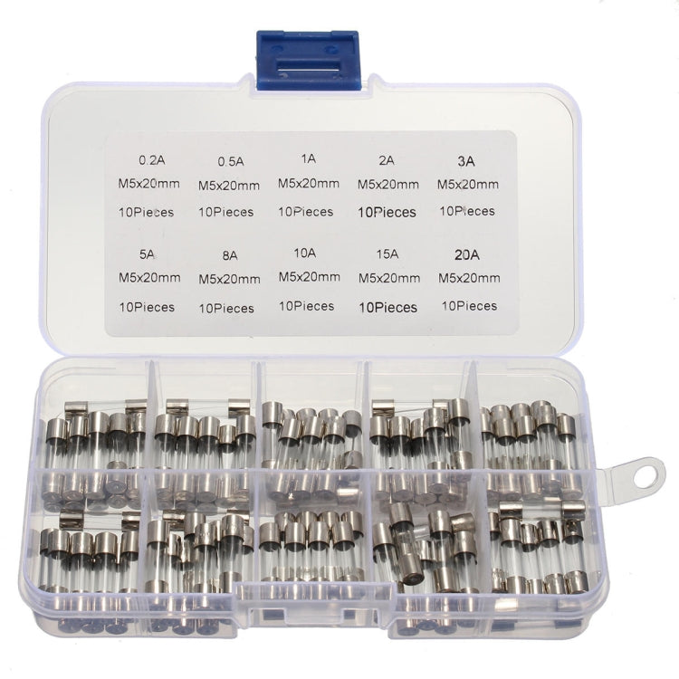 100 PCS 5 x 20mm Fuse Assorted Kits Glass Fuses Tube 0.2A 0.5A 1A 2A 3A 5A 8A 10A 15A 20A - In Car by buy2fix | Online Shopping UK | buy2fix