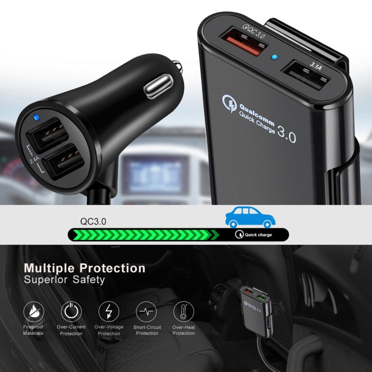 HMQ-C801 1.8m 8A Max 4 Ports USB Car Charger with Extending USB HUB for Front & Back Seat Charging (Black) - In Car by buy2fix | Online Shopping UK | buy2fix