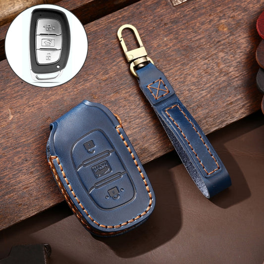 Hallmo Car Cowhide Leather Key Protective Cover Key Case for Hyundai IX35 A Style(Blue) - Car Key Cases by Hallmo | Online Shopping UK | buy2fix