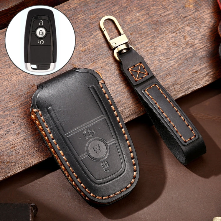 Hallmo Car Cowhide Leather Key Protective Cover Key Case for Ford Focus B Style(Black) - Car Key Cases by Hallmo | Online Shopping UK | buy2fix