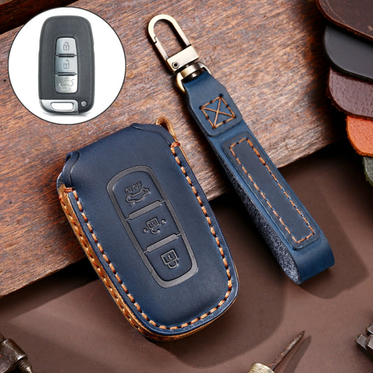 Hallmo Car Cowhide Leather Key Protective Cover Key Case for KIA K2 / K3 / K5 3-button(Blue) - In Car by Hallmo | Online Shopping UK | buy2fix