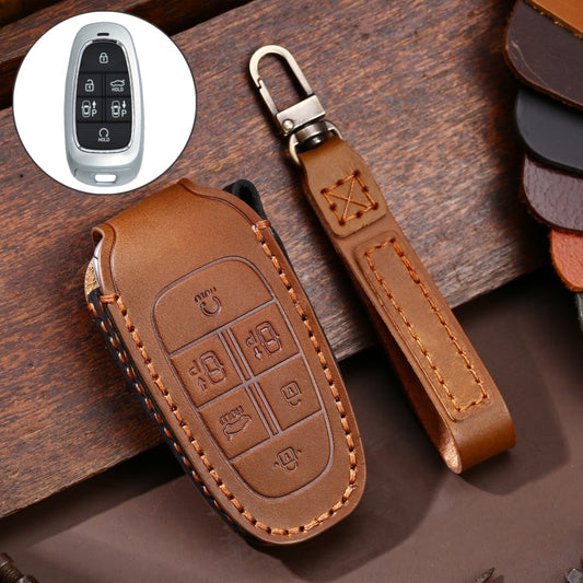 Hallmo Car Cowhide Leather Key Protective Cover Key Case for Hyundai 6-button(Brown) - Car Key Cases by Hallmo | Online Shopping UK | buy2fix