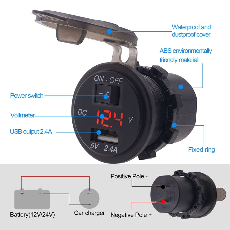 Universal Car Single Port USB Charger Power Outlet Adapter 2.4A 5V IP66 with LED Digital Voltmeter + Switch + 60cm Cable (Red Light) - Car Charger by buy2fix | Online Shopping UK | buy2fix