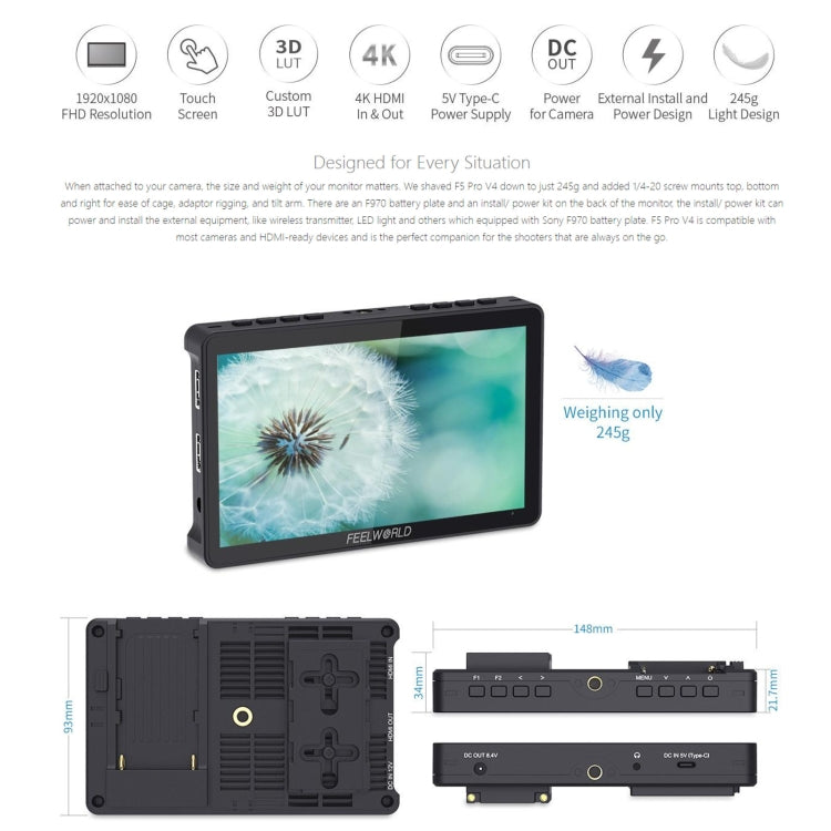 FEELWORLD F5 Pro V4 6 inch Touch Screen DSLR Camera Field Monitor 3D LUT 4K HDMI Input Output Tilt Arm - On-camera Monitors by FEELWORLD | Online Shopping UK | buy2fix