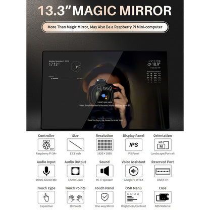 Waveshare 13.3 inch Magic Mirror, Voice Assistant, Touch Control(US Plug) - Consumer Electronics by WAVESHARE | Online Shopping UK | buy2fix