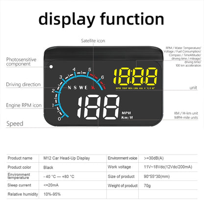 M12 OBD2 + GPS Mode Car Head-up Display HUD Overspeed / Speed / Water Temperature / Low Voltage / Fault Alarm -  by buy2fix | Online Shopping UK | buy2fix