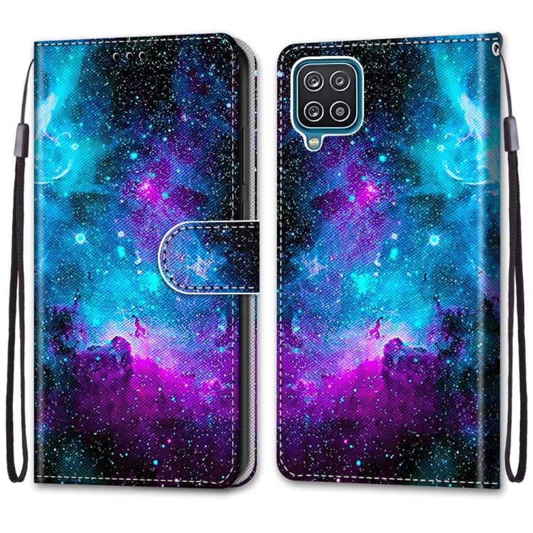 For Samsung Galaxy A12 / M12 Coloured Drawing Cross Texture Horizontal Flip PU Leather Case with Holder & Card Slots & Wallet & Lanyard(Purple Green Starry Sky) - Samsung Accessories by buy2fix | Online Shopping UK | buy2fix