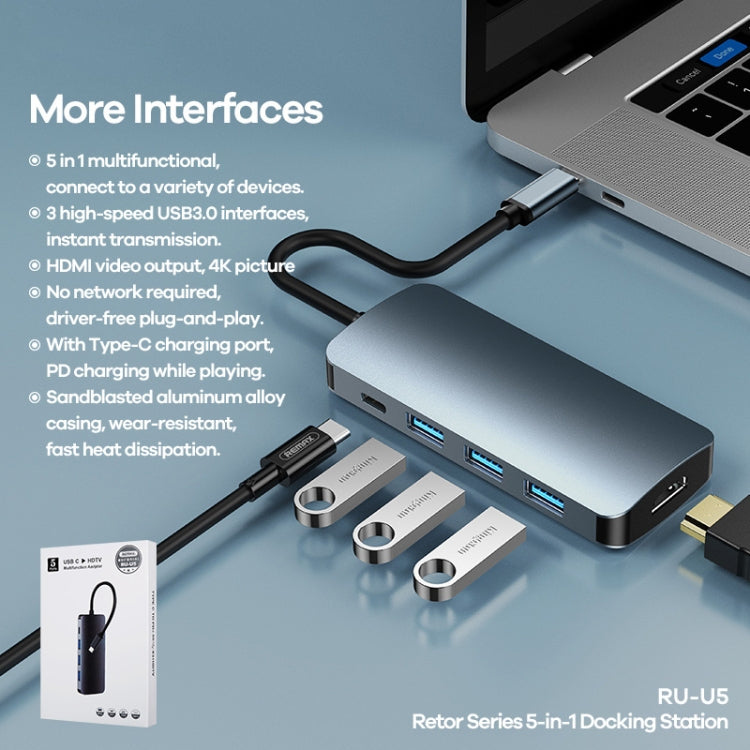 Remax RU-U5 5 In1 Multi-function Type-C / USB-C HUB Docking Station(Dark Grey) - USB HUB by REMAX | Online Shopping UK | buy2fix