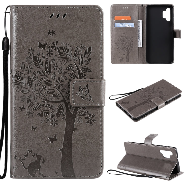 For Samsung Galaxy A32 5G Tree & Cat Pattern Pressed Printing Horizontal Flip PU Leather Case with Holder & Card Slots & Wallet & Lanyard(Gray) - Galaxy Phone Cases by imak | Online Shopping UK | buy2fix