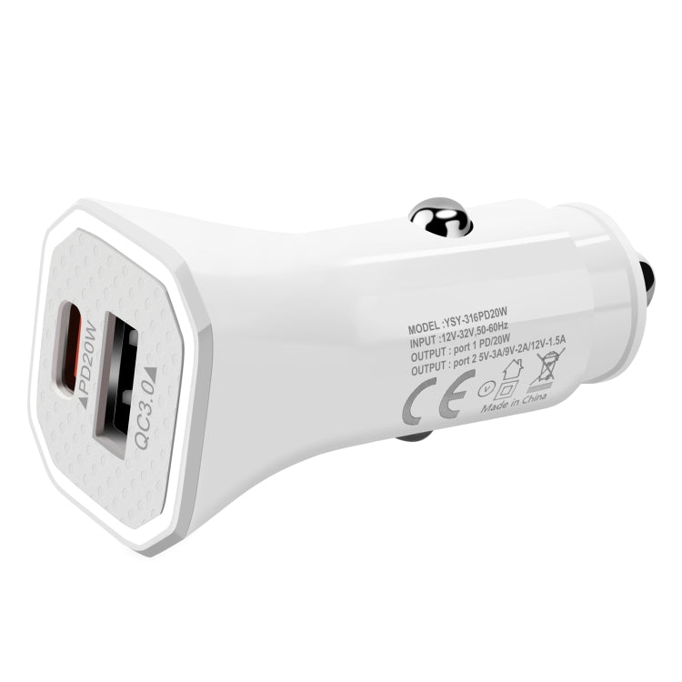 YSY-316PD20W QC3.0 USB + PD 20W USB-C / Type-C Polygon Dual Ports Fast Charging Car Charger(White) - In Car by buy2fix | Online Shopping UK | buy2fix