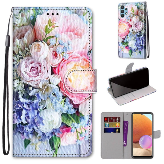 For Samsung Galaxy A32 4G / A32 Lite Coloured Drawing Cross Texture Horizontal Flip PU Leather Case with Holder & Card Slots & Wallet & Lanyard(Light Pink Bouquet) - Samsung Accessories by buy2fix | Online Shopping UK | buy2fix