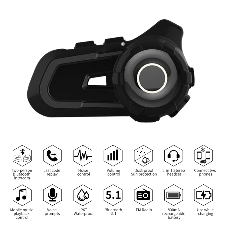 CS-1412D1 Bluetooth 5.1 S2 Motorcycle Helmet Full Duplex Bluetooth Intercom Headset Earphone(Black) - Consumer Electronics by buy2fix | Online Shopping UK | buy2fix