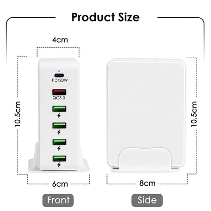 6 in 1 65W PD USB-C / Type-C + QC 3.0 USB + 4 USB Multi-port Travel Charger, EU Plug(White) - Mobile Accessories by buy2fix | Online Shopping UK | buy2fix