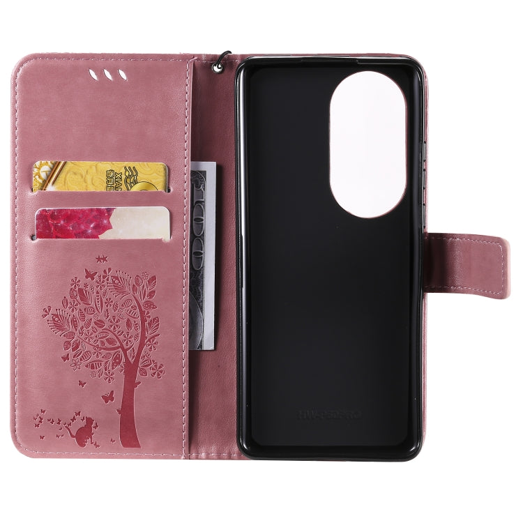 For Huawei P50 Pro Tree & Cat Pattern Pressed Printing Horizontal Flip PU Leather Case with Holder & Card Slots & Wallet & Lanyard(Pink) - Huawei Cases by buy2fix | Online Shopping UK | buy2fix