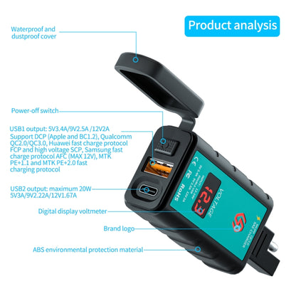 WUPP ZH-1422B1 DC12-24V Motorcycle Square Single USB + PD Fast Charging Charger with Switch + Voltmeter + Integrated SAE Socket - Battery Charger by WUPP | Online Shopping UK | buy2fix