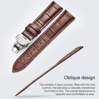 22mm Classic Cowhide Leather Black Butterfly Buckle Watch Band(Brown) - 22mm Bands by buy2fix | Online Shopping UK | buy2fix