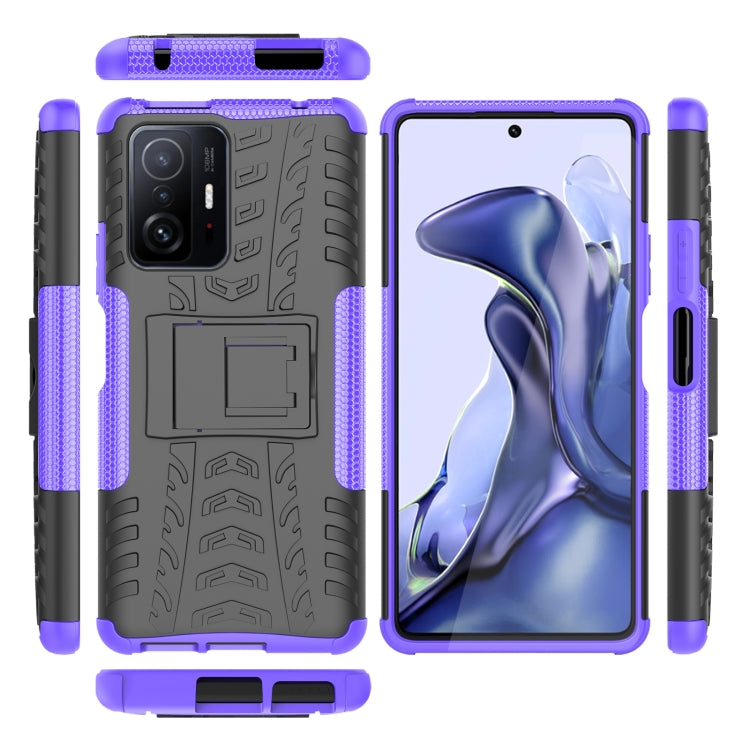 For Xiaomi Mi 11T Tire Texture TPU + PC Phone Case with Holder(Purple) - Xiaomi Accessories by buy2fix | Online Shopping UK | buy2fix