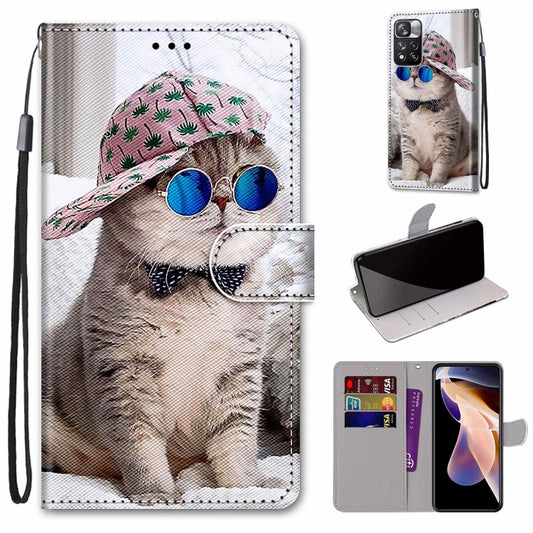 For Xiaomi Redmi Note 11 Pro / 11 Pro+ Global Coloured Drawing Cross Texture Horizontal Flip PU Phone Leather Case with Holder & Card Slots & Wallet & Lanyard(Colorful Layer(Oblique Hat Blue Mirror Cat) - Xiaomi Accessories by buy2fix | Online Shopping UK | buy2fix